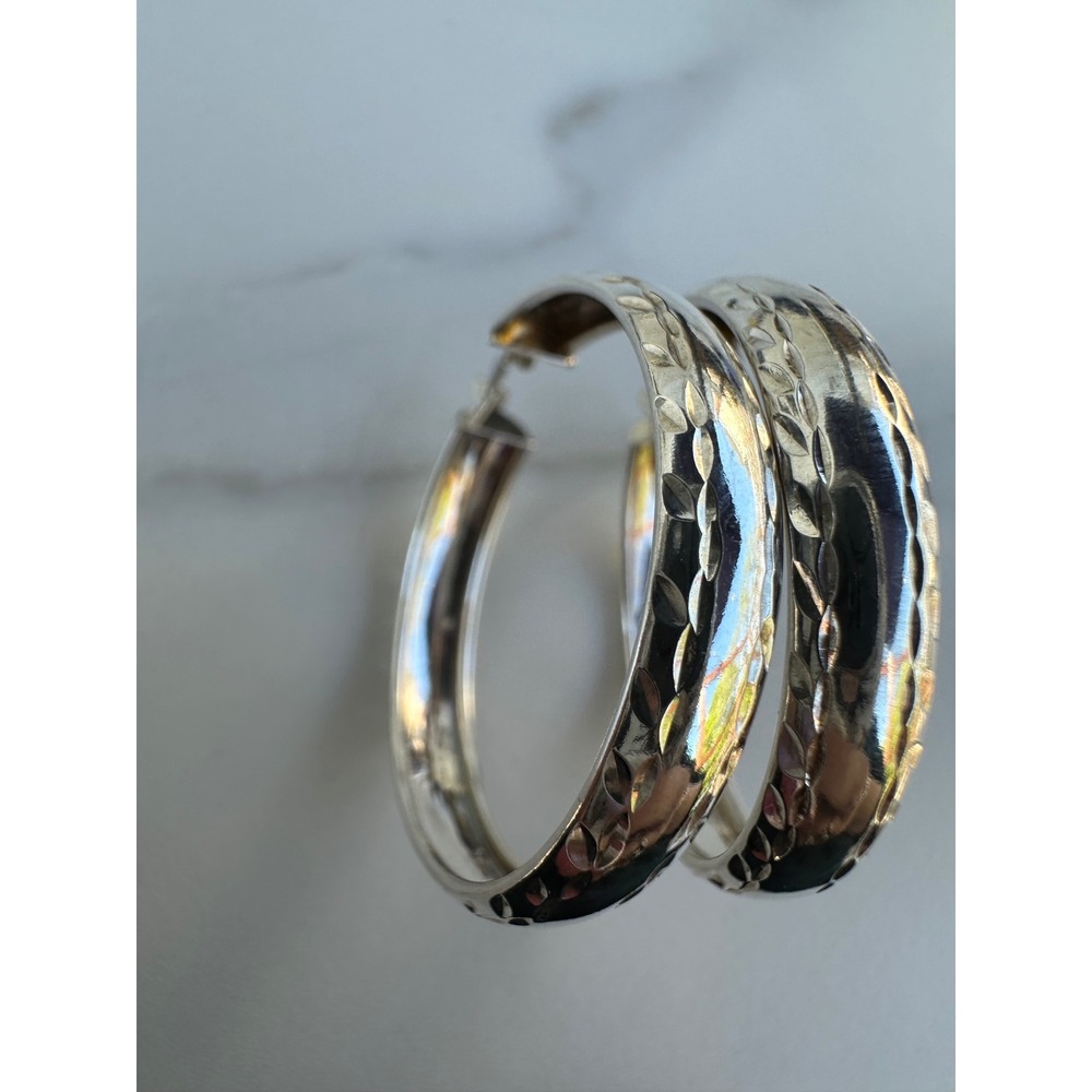 Textured Hoop Earrings 5g Italy 925 Sterling Silver Diamond Cut Etched